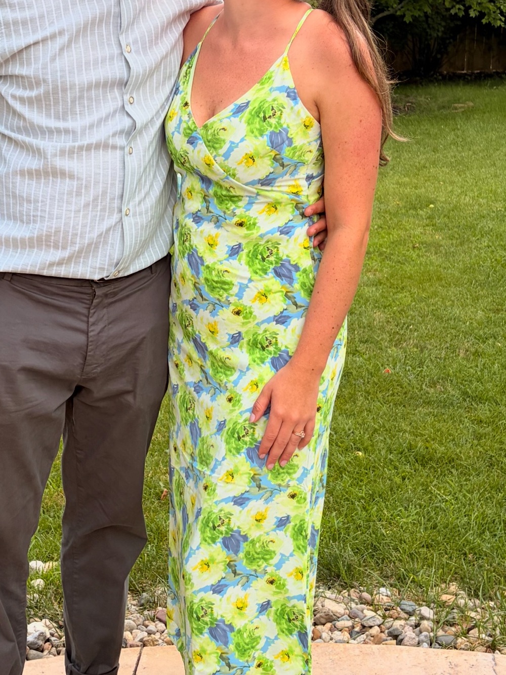 Floral Satin Slip Dress in Lime & Blue